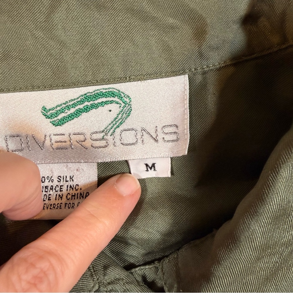 Diversions‎ 100 Silk Button Down Sage Safari M Top Oversized Long Sleeve Utility - Picture 10 of 12